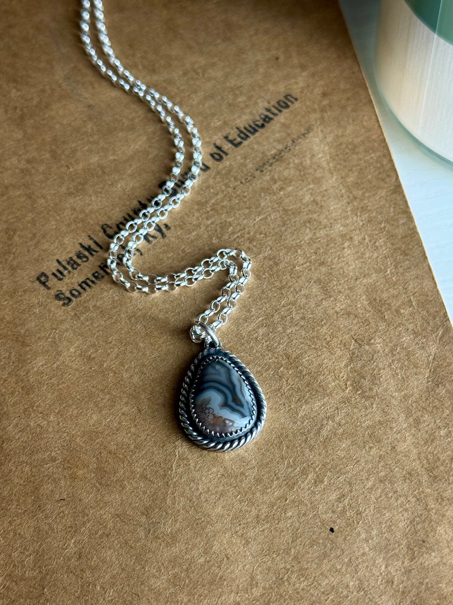 Dainty Grey Kentucky Agate Necklace 18” Chain