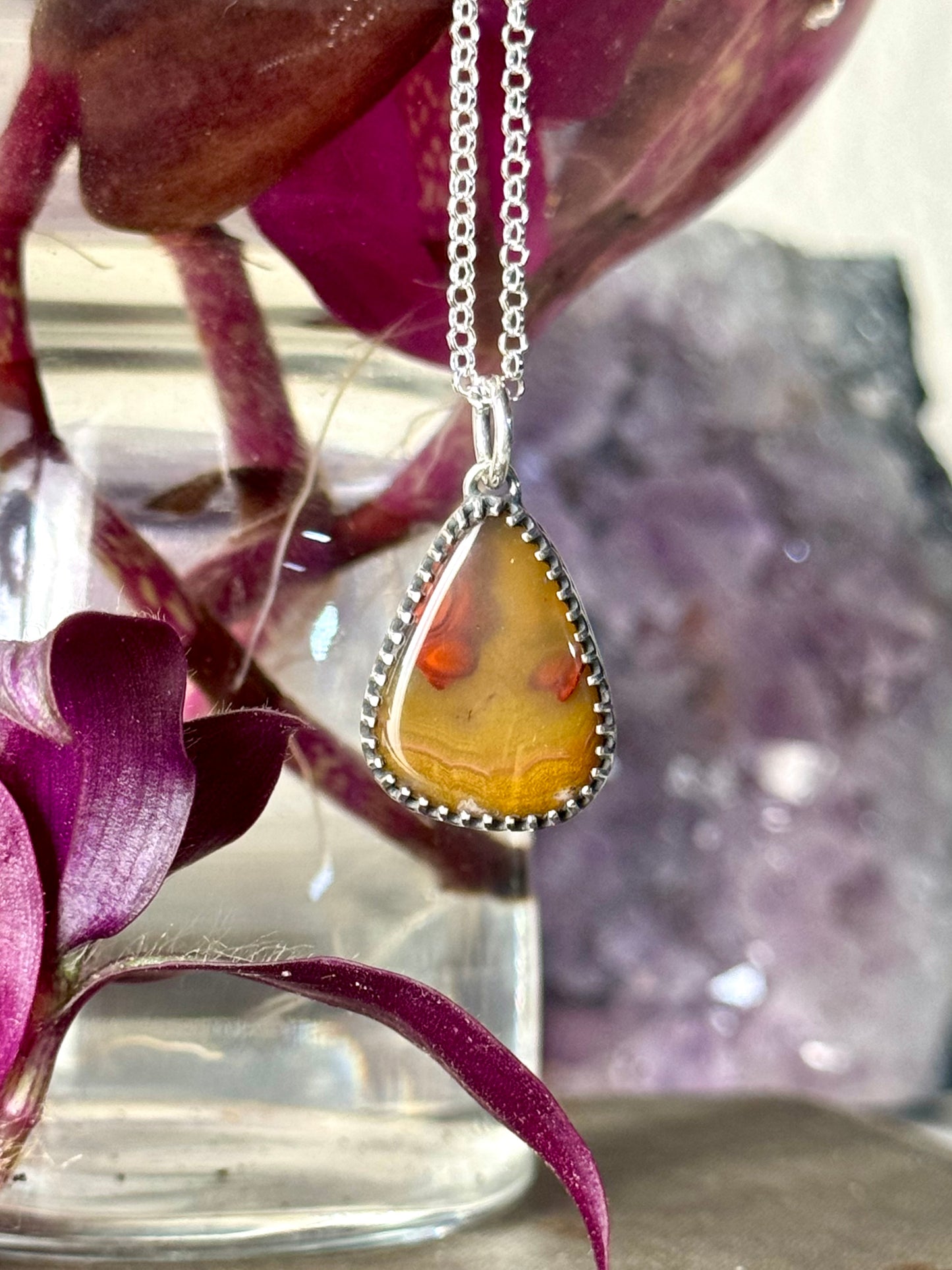 Dark Yellow and Red KY Agate Necklace Open Back