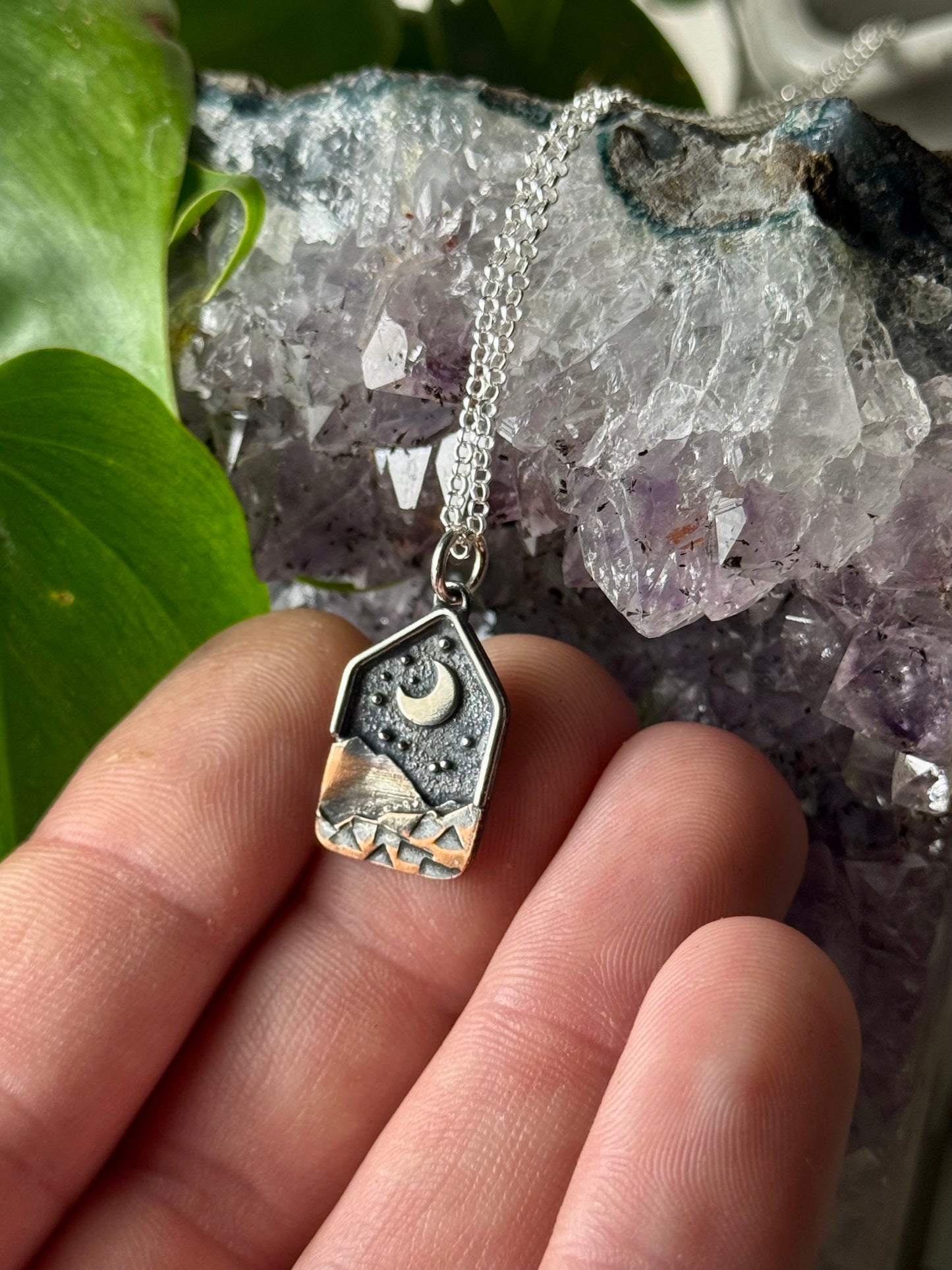 Silver Moon and Stars Appalachian Mountain Necklace