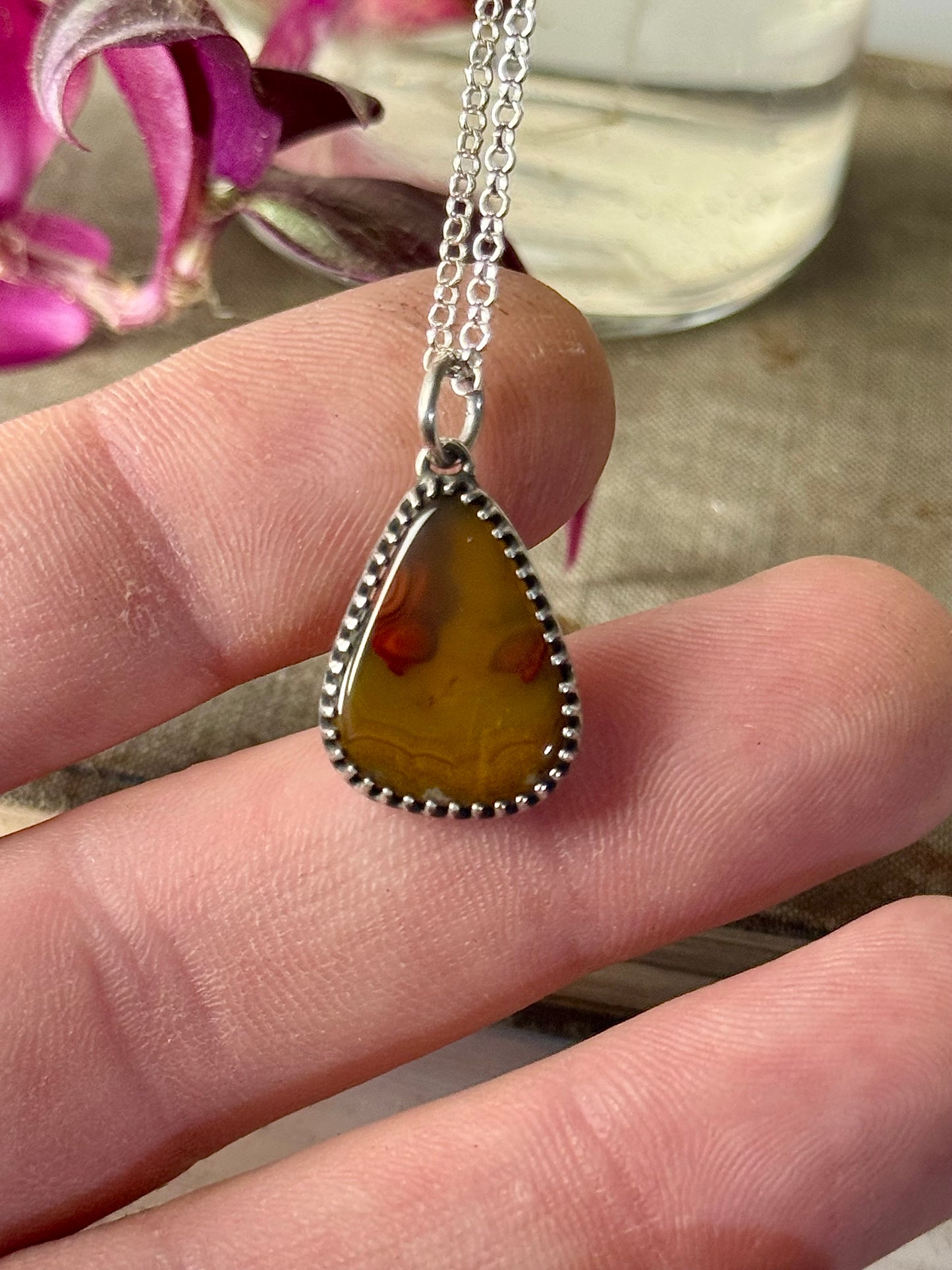 Dark Yellow and Red KY Agate Necklace Open Back