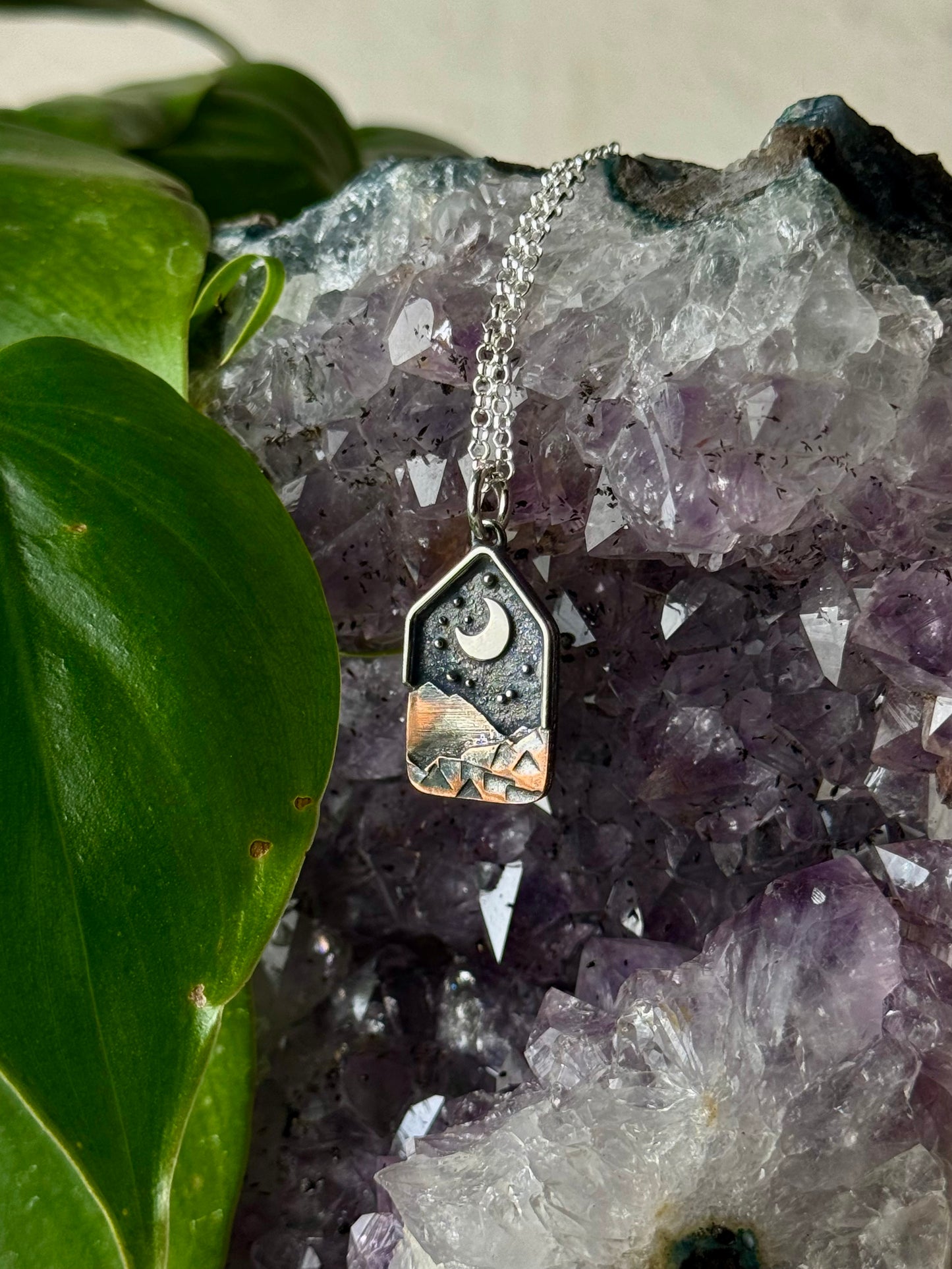 Silver Moon and Stars Appalachian Mountain Necklace