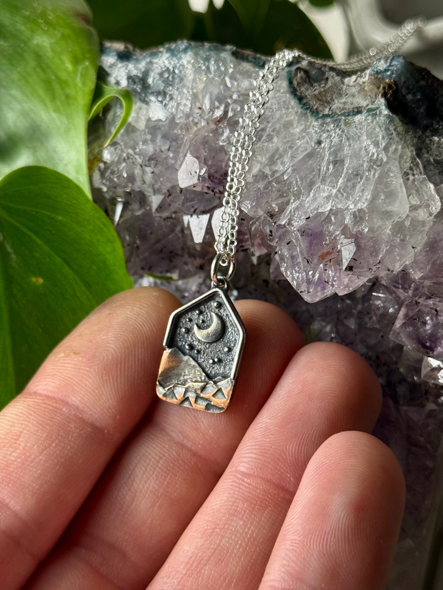 Silver Moon and Stars Appalachian Mountain Necklace