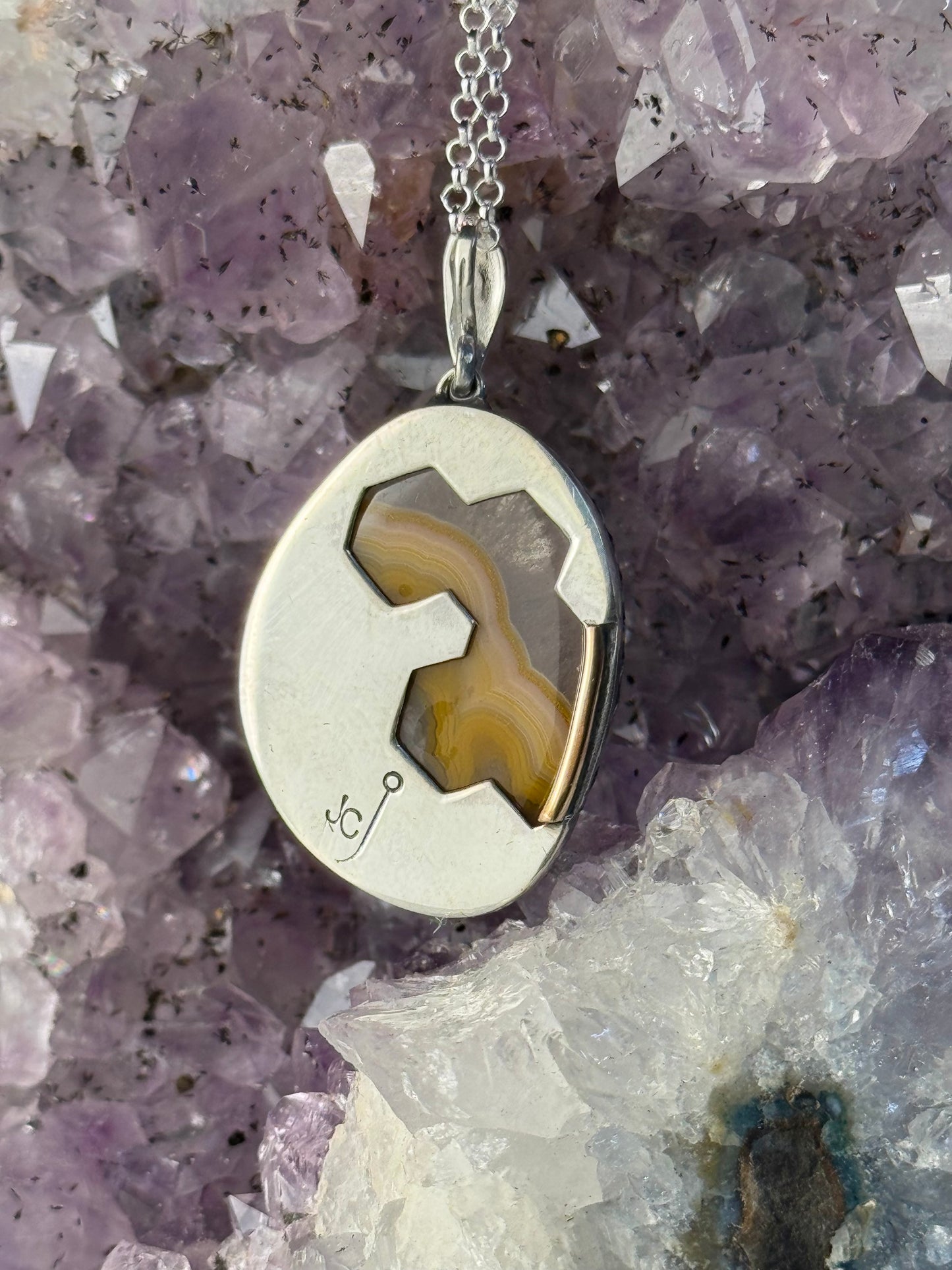 Yellow KY Agate Necklace Honeycomb Back