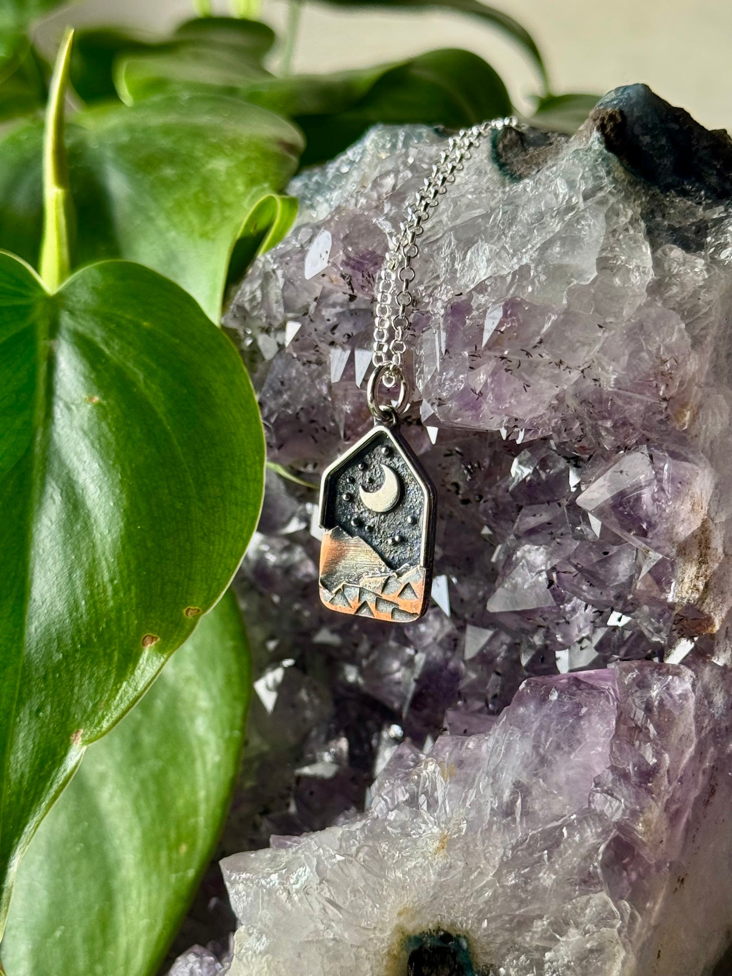 Silver Moon and Stars Appalachian Mountain Necklace