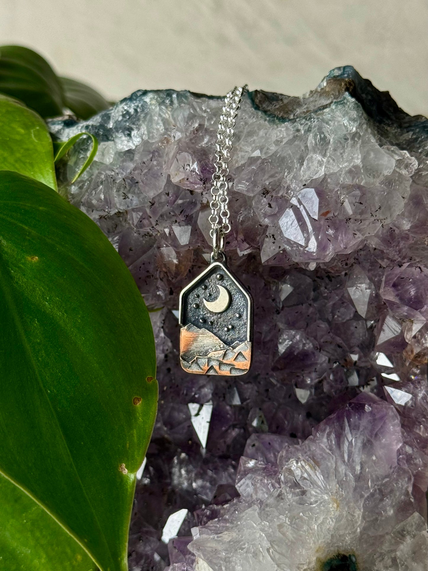 Silver Moon and Stars Appalachian Mountain Necklace