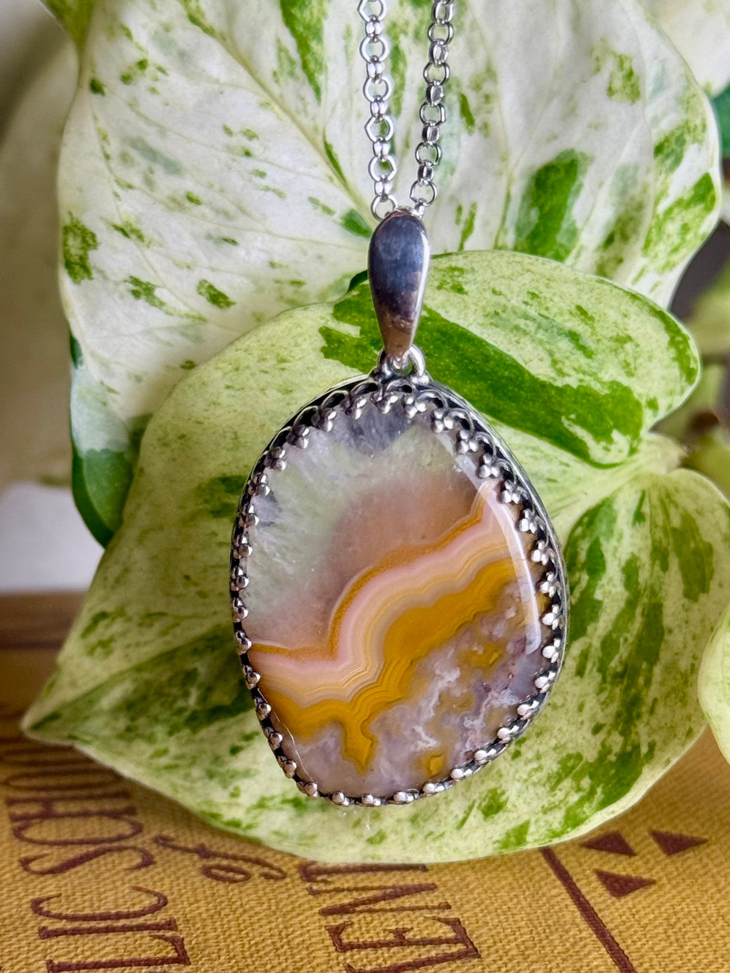 Yellow KY Agate Necklace Honeycomb Back