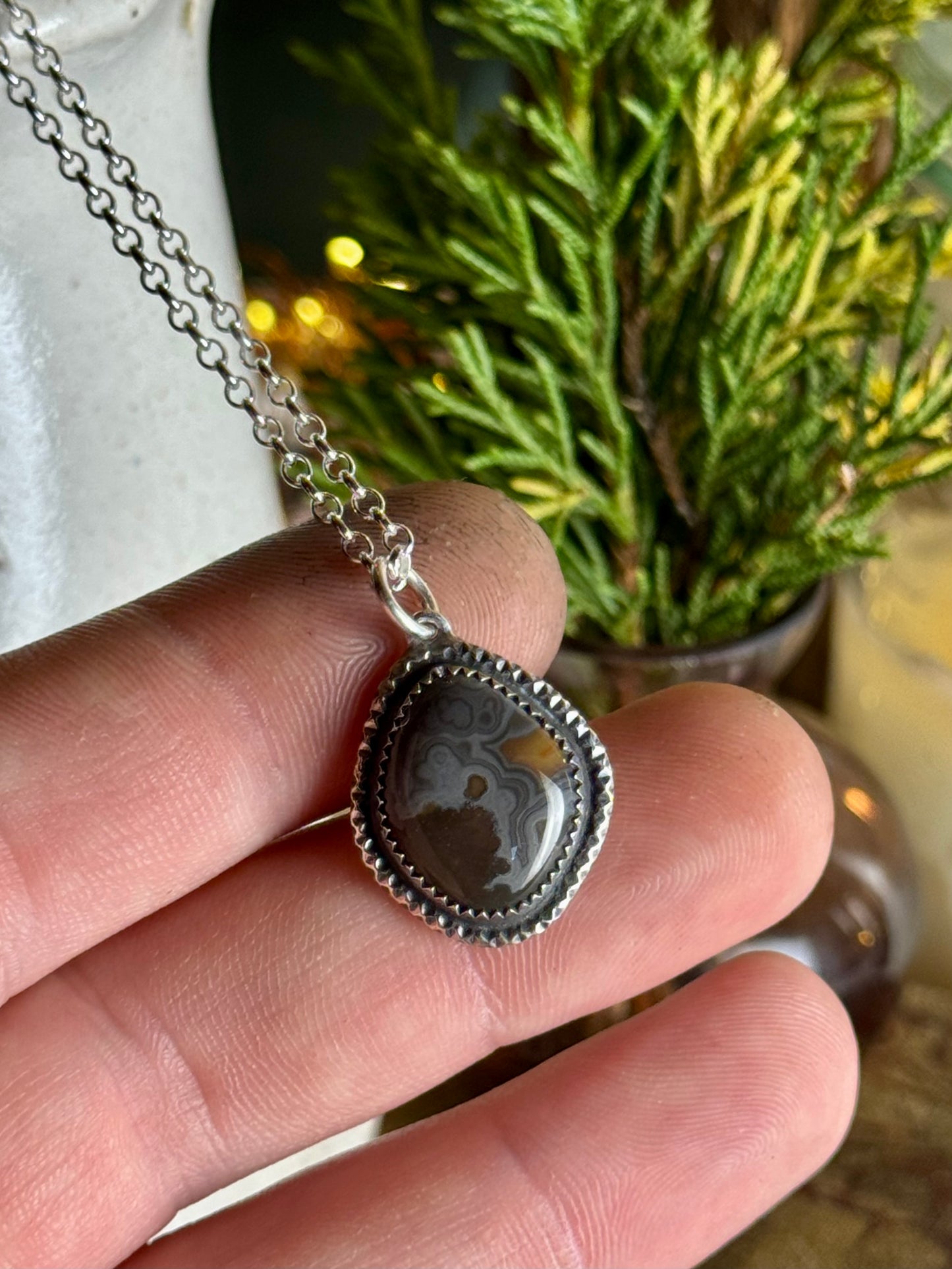 Gray and Brown Kentucky Agate Necklace 18” Chain