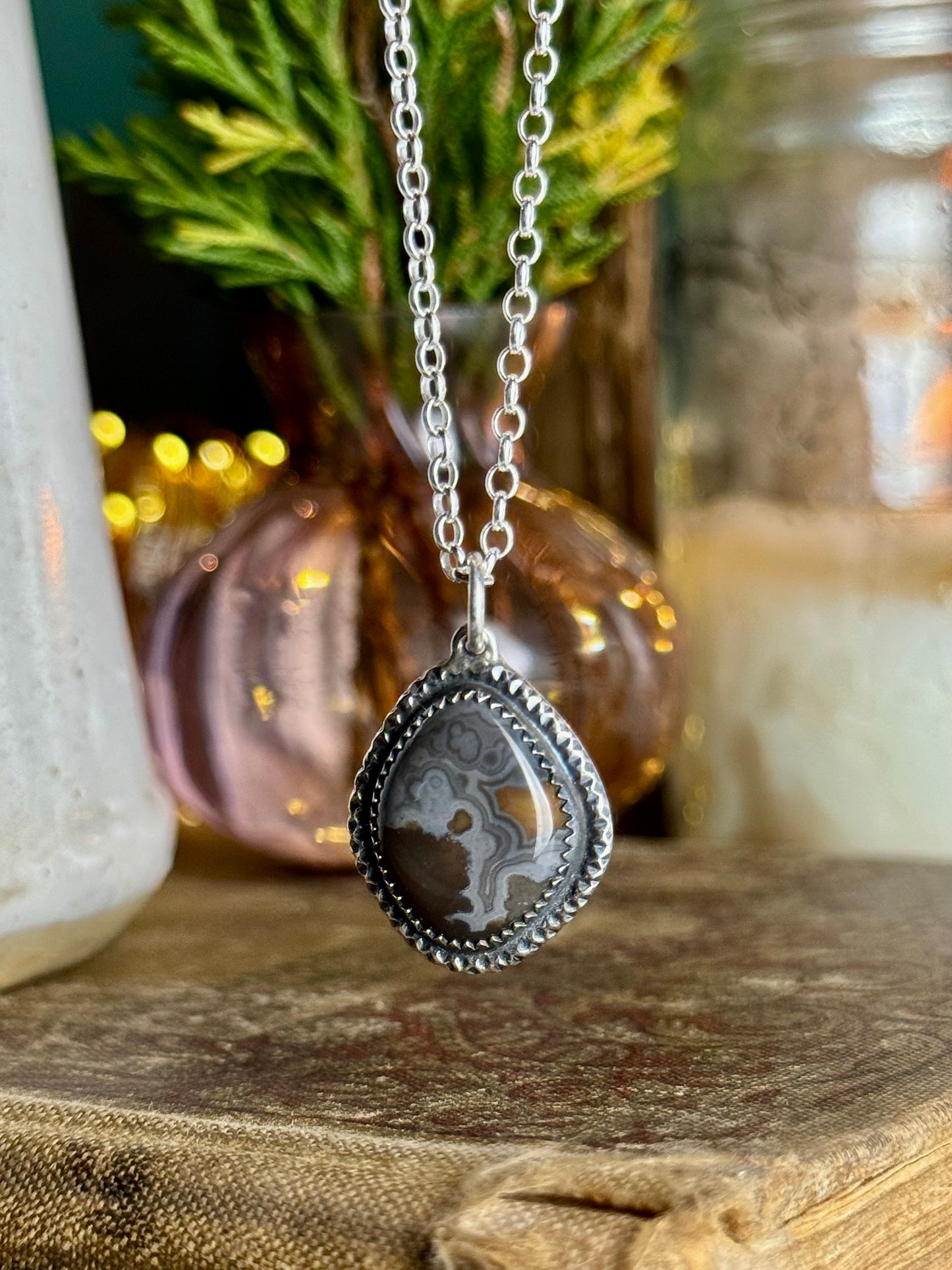 Gray and Brown Kentucky Agate Necklace 18” Chain