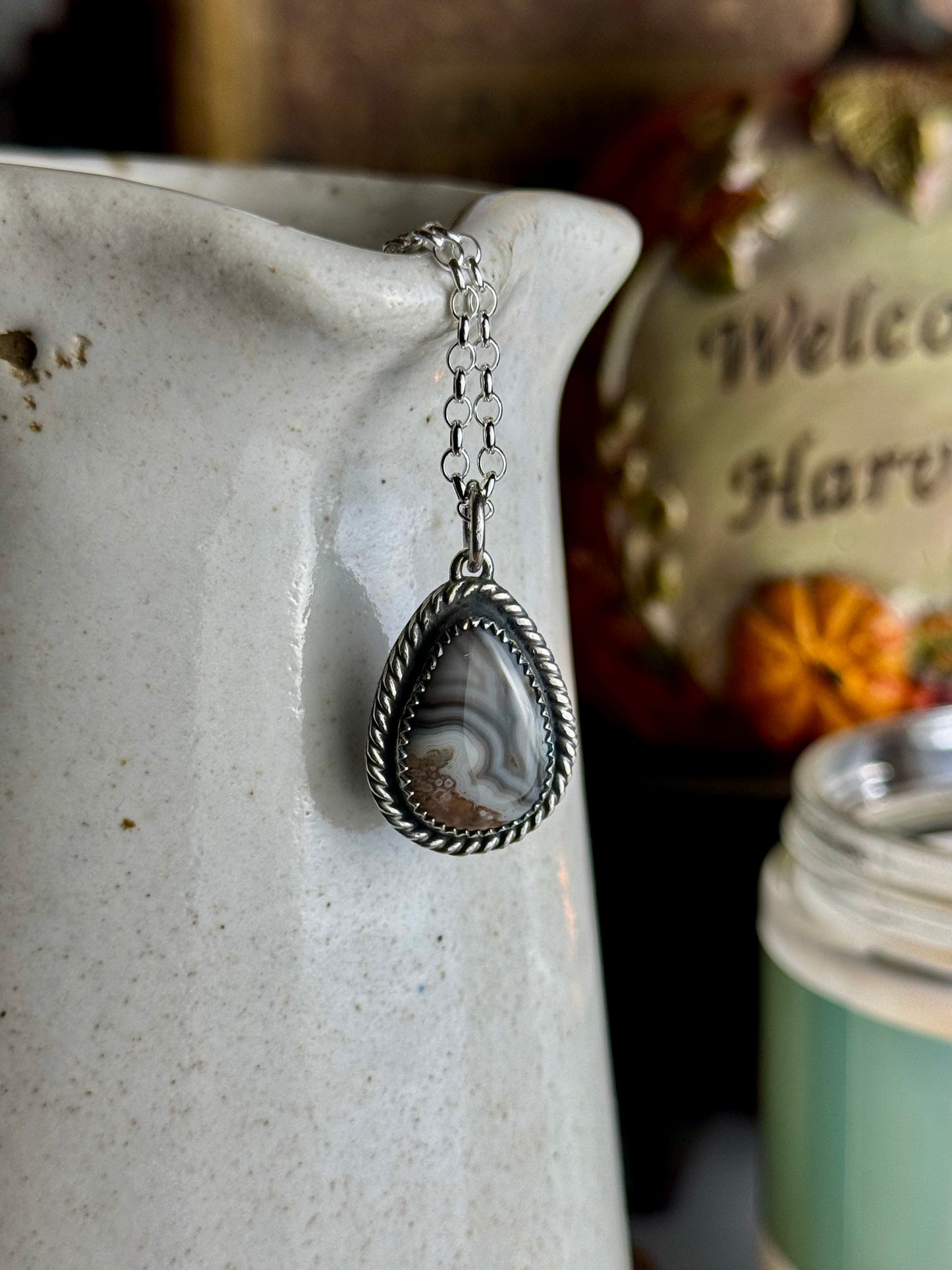 Dainty Grey Kentucky Agate Necklace 18” Chain