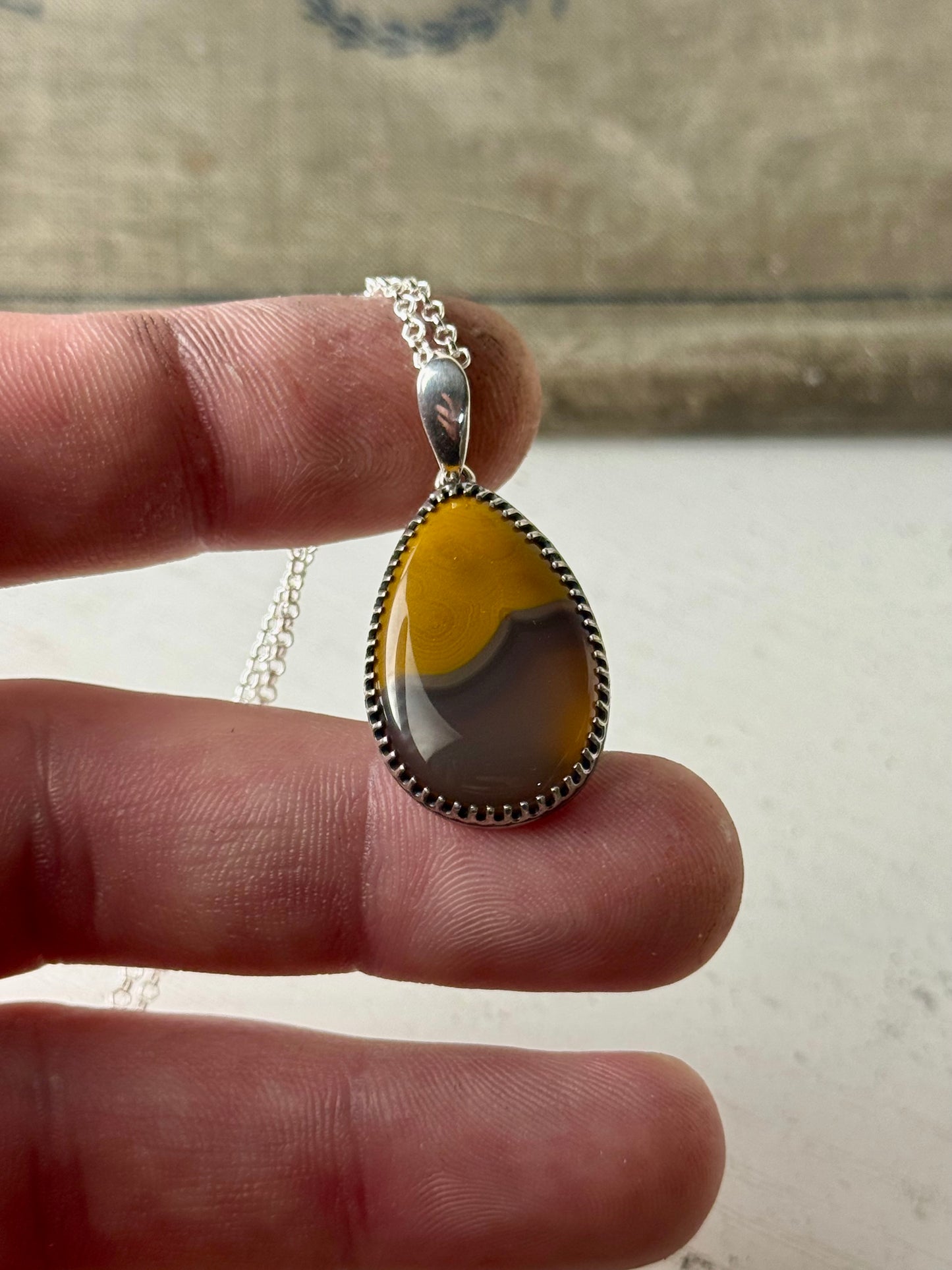Yellow and Black KY Agate Necklace Open Back