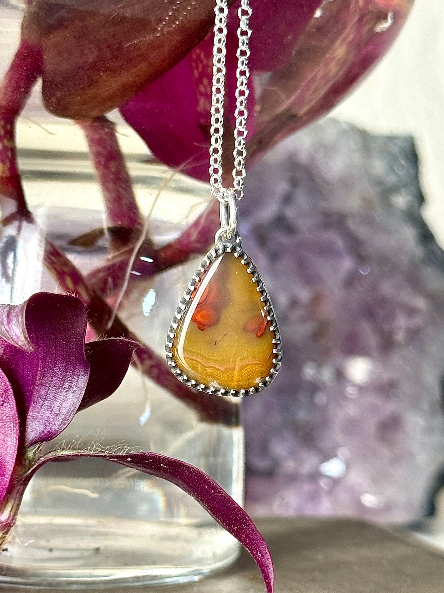 Dark Yellow and Red KY Agate Necklace Open Back