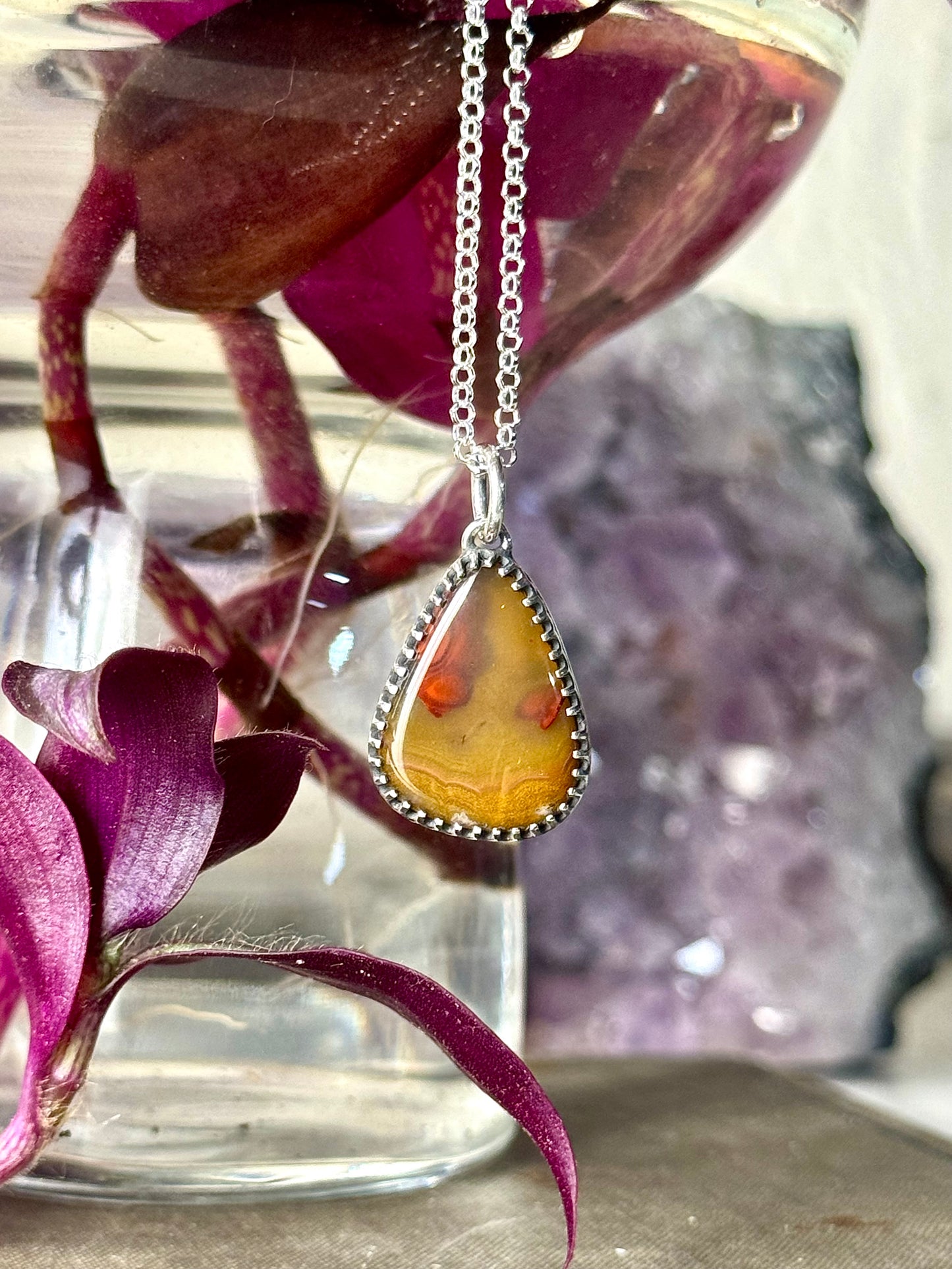 Dark Yellow and Red KY Agate Necklace Open Back